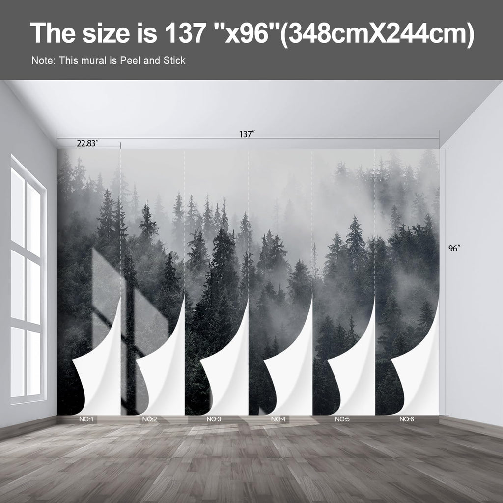 Misty Forest Landscape Wall murals Woodland Tree Peel and Stick Wallpaper for Bedroom Living Room - 96"x137"