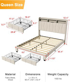 Queen Bed Frame, Velvet Upholstered LED Platform Bed with Headboard Storage, Queen Bed Built-in Charging Station with 2 Drawers, Wood Slat Support, No Box Spring Needed, Beige