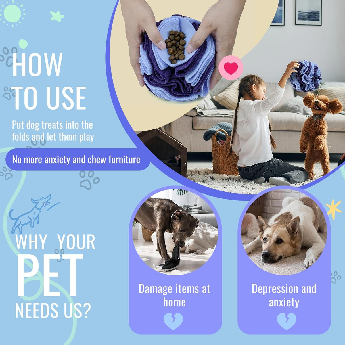 Pet Snuffle Ball, Puzzle Sniffing Interactive Dog Ball for Blind Dogs Training Stress Relief Dog Enrichment Toys Treat Machine Washable (15cm, Gradient Purple)