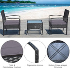 COSTWAY 3 PCS Patio Wicker Conversation Set, PE Rattan Sofa with Tempered Glass Coffee Table, 2 Chairs, 2 Cushions, Outdoor Patio Furniture Set for Yard Porch Bistro Balcony Backyard Pool, Grey