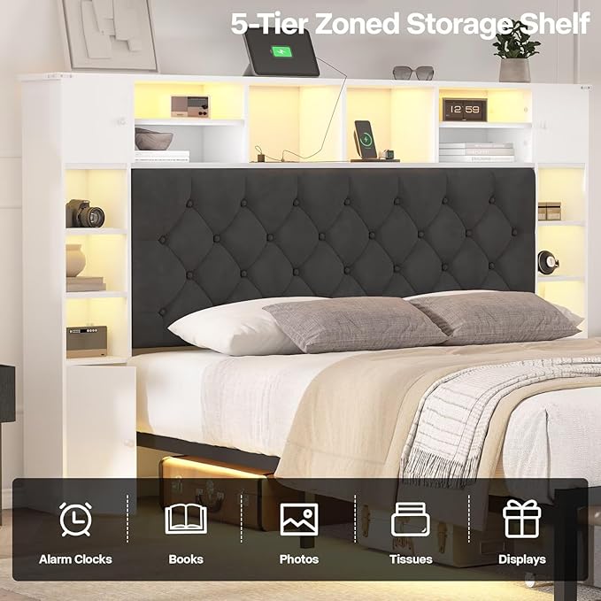 Full Size Bed Frame with Bookcase Headboard and Storage Drawers, 51.2" Metal Platform Full Bed Frame with Charging Station and LED Lights, Velvet Upholstered Tufted Bed Frames, White
