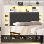 Full Size Bed Frame with Bookcase Headboard and Storage Drawers, 51.2" Metal Platform Full Bed Frame with Charging Station and LED Lights, Velvet Upholstered Tufted Bed Frames, White