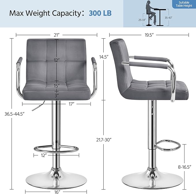 Yaheetech Counter Height Bar Stools Set of 2 Velvet Swivel BarStools for Kitchen Stool Height Adjustable Counter Stool Barstools with Armrest, Velvet, Grey