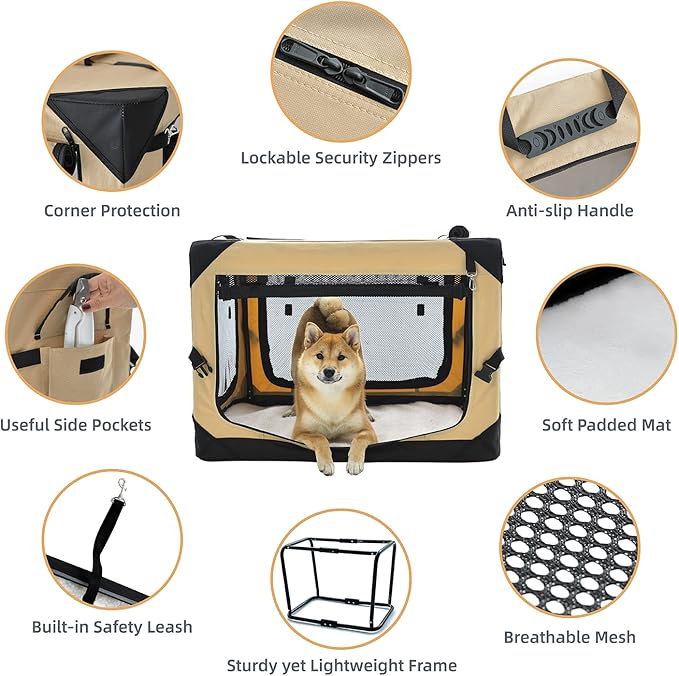 Pettycare 30 Inch Collapsible Dog Crate for Medium Dogs, 4-Door Foldable Soft Dog Kennel with Chew Proof Mesh Windows, Indoor & Outdoor Travel Dog Crate, Beige