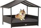 PawHut Wicker Dog House Outdoor with Canopy, Rattan Dog Bed with Water-Resistant Cushion, Raised Dog Bed for Small, Medium Dogs up to 66 lbs, 19.75" in Length, Brown Wicker, Gray Cushion