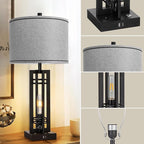 27" Touch Control Farmhouse Table Lamps, Set of 2 Tall Rustic Table Lamps 2-Light Design with USB A+C Ports, Bedside Lamps with Grey Shade for Living Room Home Office, 4 LED Bulbs Included