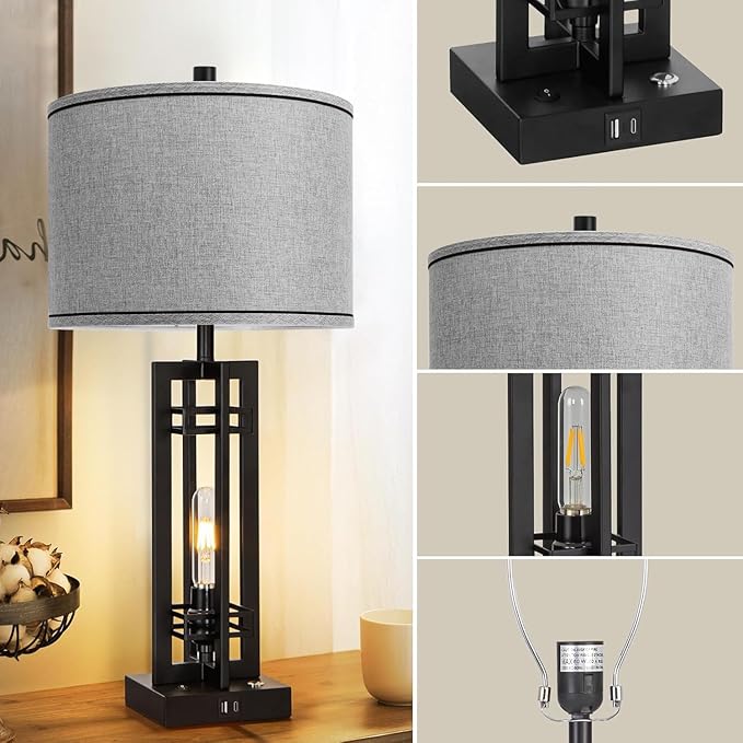 27" Touch Control Farmhouse Table Lamps, Set of 2 Tall Rustic Table Lamps 2-Light Design with USB A+C Ports, Bedside Lamps with Grey Shade for Living Room Home Office, 4 LED Bulbs Included
