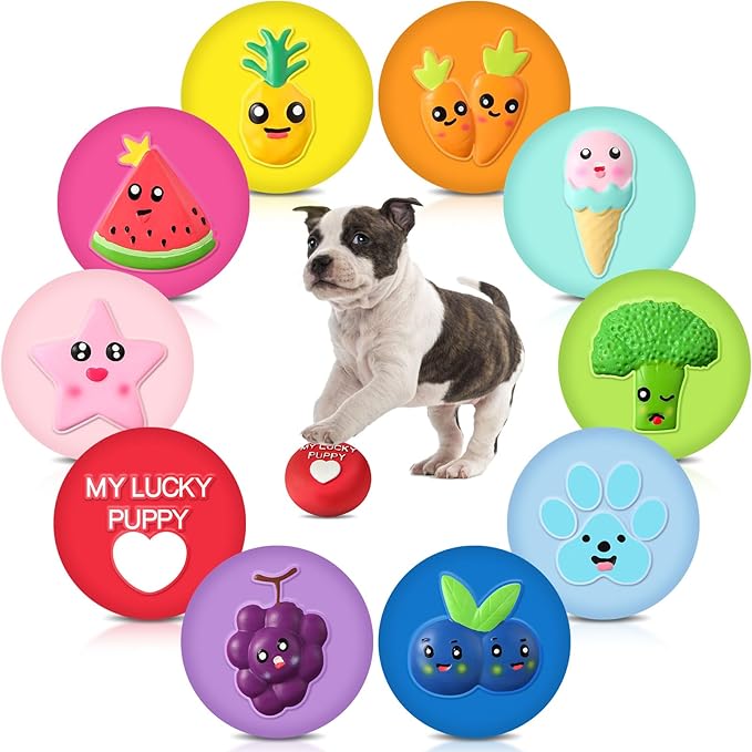 Hungdao 10 Pack Dog Squeaky Toys Soft Latex Squeaky Dog Toys Small Squeaky Balls Interactive Pet Chewing Toys for Puppy Training Interactive Fetch Play Supplies (Fruit)