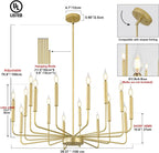 Modern Gold Farmhouse Chandeliers, 16-Light Industrial Metal Chandelier Lighting, Classic Candle Hanging Pendant Light Fixtures for Kitchen Island, Living Room, Dining Room, Stair