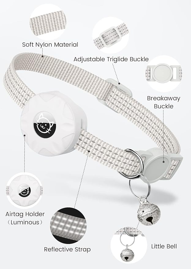 Apple AirTag Cat Collar, GPS Tracker Kitten Collar with Breakaway Feature, Lightweight and Reflective, Suitable for Cats, Kittens and Puppies (White)