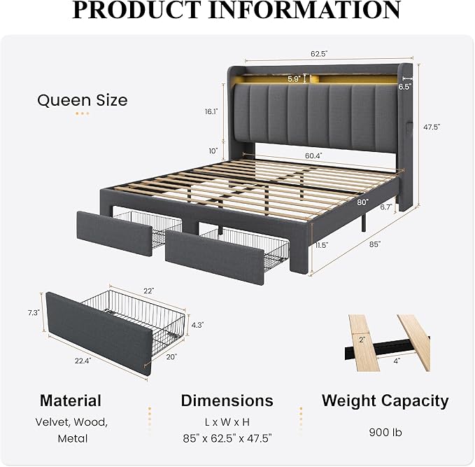 SHA CERLIN Queen Platform Bed Frame with Vertical Channel Tufted Wingback Headboard & 2 Storage Drawers/2-Tier Shelves with LED Lights & Charging Station/Noise-Free/No Box Spring Needed/Dark Grey