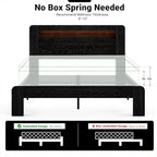 King Bed Frame with Headboard, Wooden Platform Bed Frame King Size with Bookcase Shelf, LED Lights, Charging Station, Heavy Duty Supports, No Box Spring Needed,Dark Black