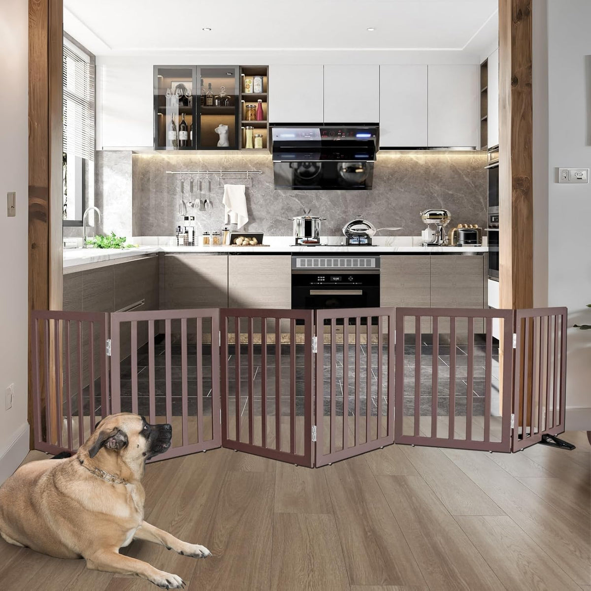 ZJSF Freestanding Indoor Dog Gate for House Foldable Wood Puppy Gate for Doorways Pet Gate for Stairs Extra Wide Pet Fence, Brown, 24" Height 6 Panels