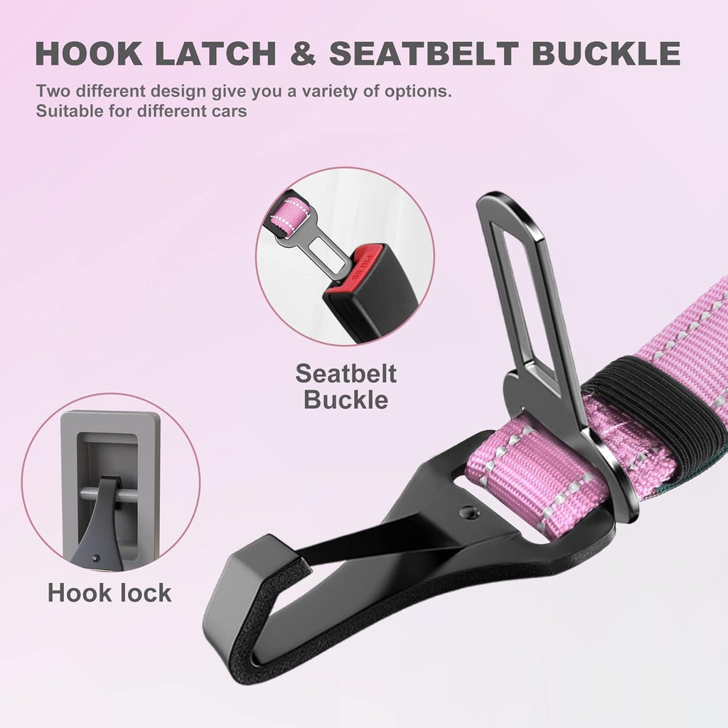 IOKHEIRA Dog Seat Belt 3-in-1 Car Harness for Dogs Adjustable Safety Seatbelt for Car Nylon Reflective Bungee Fabric Dog Car Harness with Clip Hook Latch & Buckle, Swivel Zinc Alloy Carabiner (Pink)