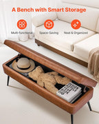 VEVOR Leather Storage Ottoman Bench, PU Leather Bench with Storage and Metal Legs, Modern Shoe Benches Seat for Entryway, Upholstered End of Bed Benches for Living Room, Dining Room, Hallway, Brown