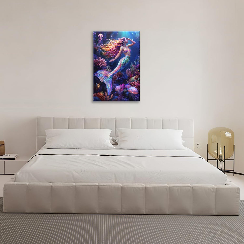 Sea Mermaid Bathroom Pictures Wall Art, Ocean Mermaid Bathroom Wall Decor, Aesthetics Framed Painting Canvas Artwork for Bedroom Living Room Decorations 24"L x 16"W