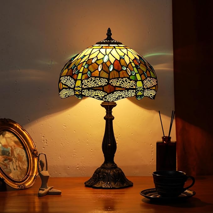Tiffany Lamps White Brown Dragonfly Style Stained Glass Table Lamp Desk Bedside Reading Light 12X12X18.5 Inches with Bronze Resin Base Applicable to Bedroom Living Room Office