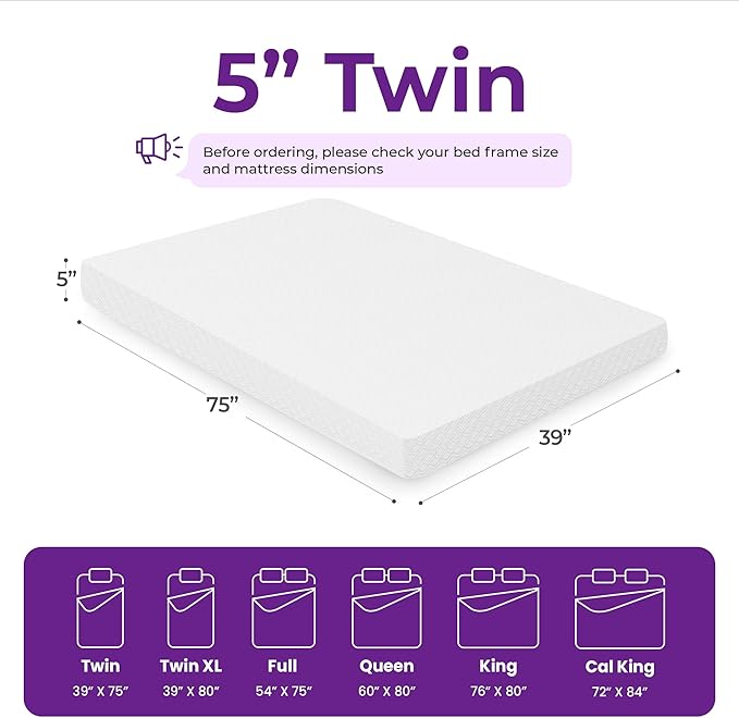 GAESTE 5 Inch Twin Cooling Gel Memory Foam Mattress Medium Firm Pressure Relief CertiPUR-US Certified Foam, Mattress in a Box Comfortable and Supportive No Fiberglass (Twin, 5 in)