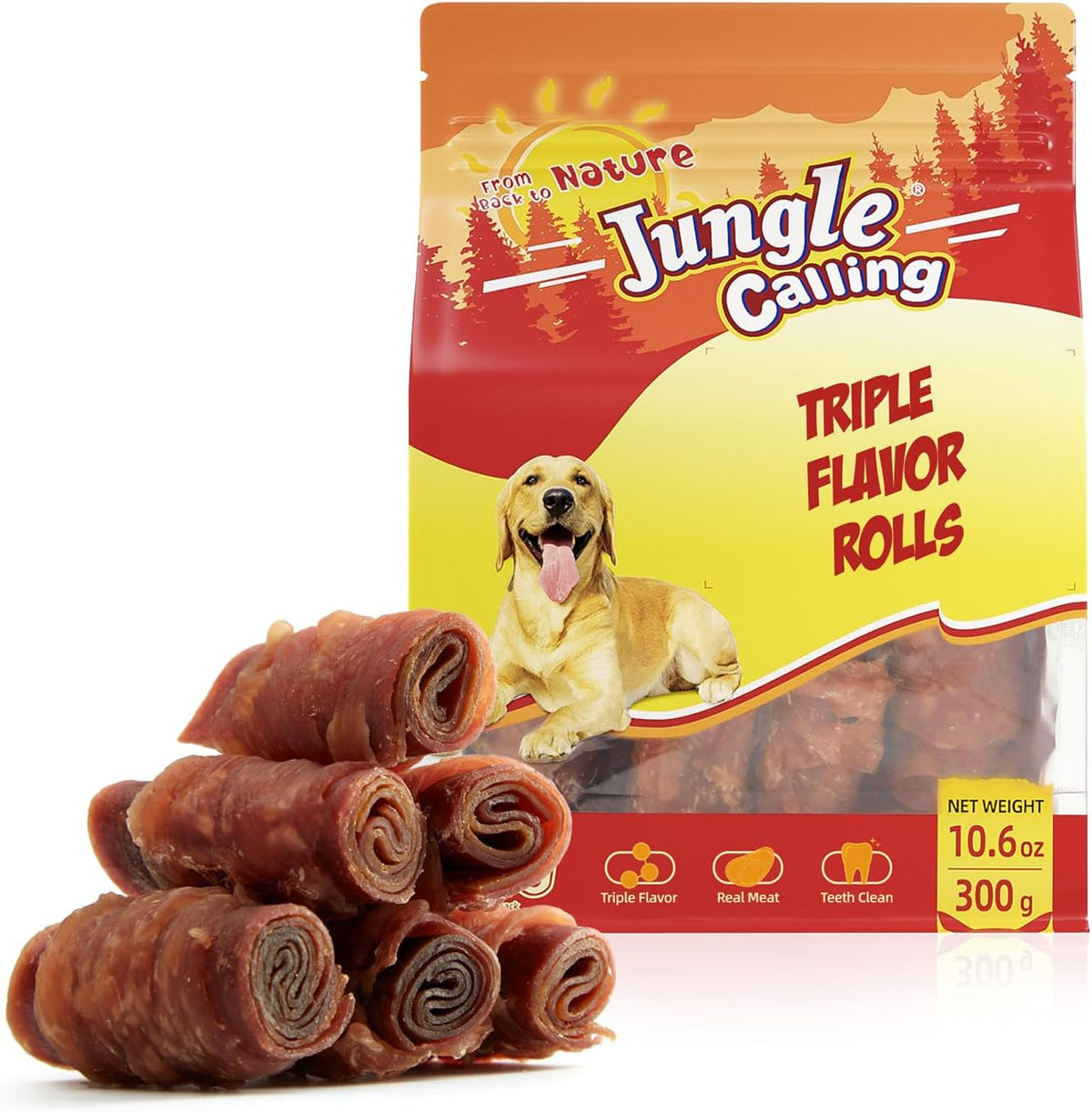Jungle Calling Triple Flavor Rolls Dog Treats, Made with Real Chicken Duck Beef Meat, Rawhide Free Dogs Snacks,Healthy, Easily Digestible, and High Protein Treat, 10.6 oz