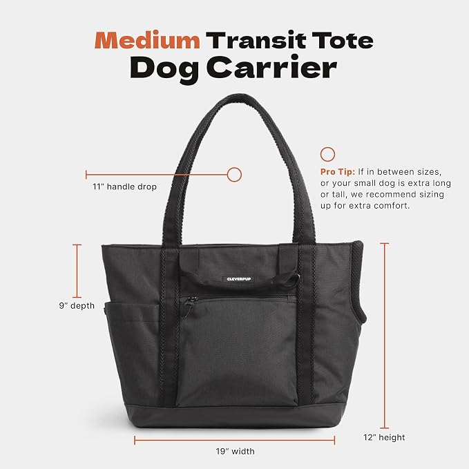 Transit Tote Dog Carrier for Small/Medium Dogs 8-20 lbs, 19x12x9 Soft-Sided 4-Pc Set with Waterproof Base, Plush Insert, Food Pouch, Mesh Head Opening - Medium, Graphite