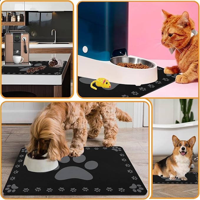 Dog Food Mats for Floor, Absorbent Pet Food Mat - Cat Feeding Mat Quick Dry Dog Bowl Mats for Water Pet Supplies Feeding Placemat 12" x 20" Black