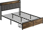 Queen Bed Frame with Storage Drawers and Charging Station, Upholstered Headboard Metal Platform Bed with USB Ports, No Box Spring Needed, Easy Assembly, Dark Brown