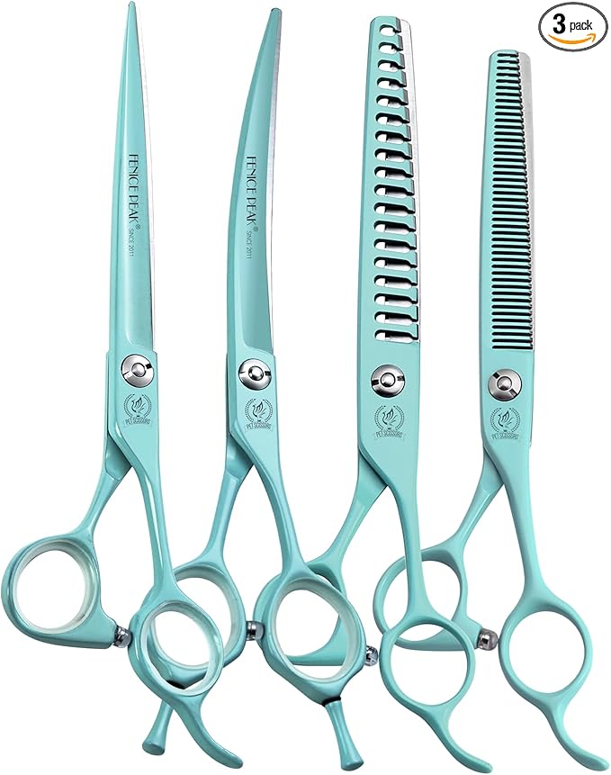 Fenice Peak 7" Professional Dog Grooming Scissors Set, Japanese 440C Stainless Steel Straight Thinning Curved Chunker Shears for Pet Grooming, Trimming Face, Paws, Green