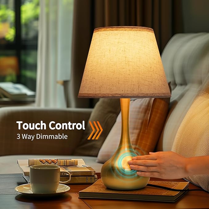 ONEWISH Touch Table Lamp Set of 2, Farmhouse 3-Way Dimmable Bedside Lamps for Nightstand with Fabric Shade, Desk Lamp for Reading, Bedroom, Livingroom, Office