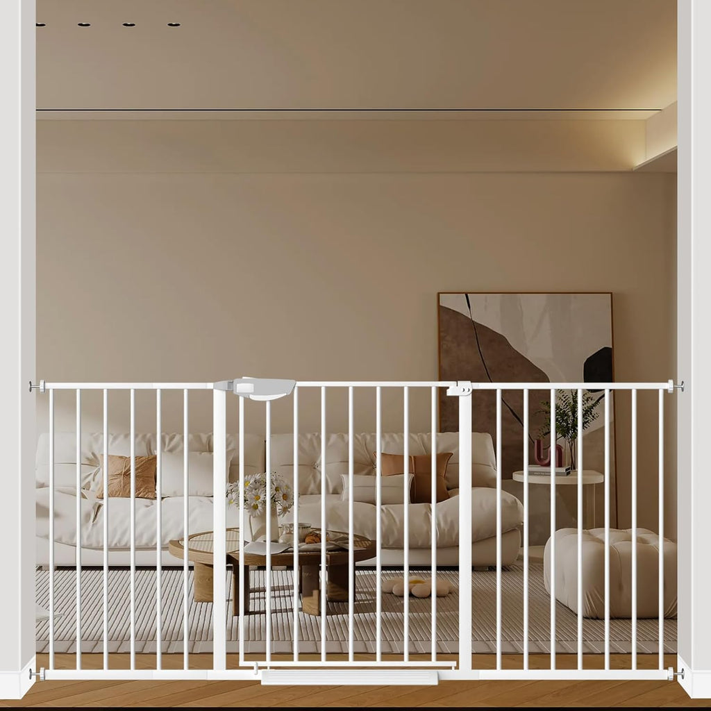 WAOWAO Triple Lock 49.21-66.54" Baby Gate Extra Wide Pressure Mounted Walk Through Swing Auto Close Safety White Metal Dog Pet Puppy for Stairs,Doorways,Kitchen