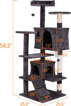 ZENY 54 Inch Cat Tree, Indoor Cat Tower Condo, Multi-Level Cat House with Sisal-Covered Scratching Post + 2 Play House, Pet Cat Furniture, Grey