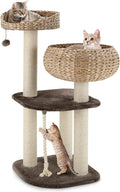 Tangkula Modern Cat Tree for Indoor Cats, Small/Tall Cat Tower with Natural Sisal Scratching Post, Hand-Made Wicker Cat Condo & Top Perch, Funny Hanging Toy Ball, Cute Cat Tree Tower for Large Cats