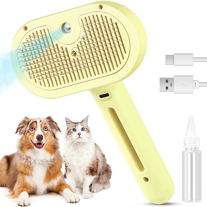 3 in 1 Cat Steam Brush, Pet Spray Hair Removal Comb for Shedding & Grooming, Water Brush for Cats Dogs Small Animals Long Short Haired with One-Click Release Button(Yellow)