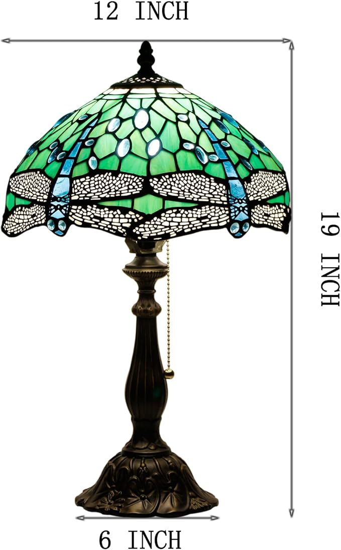 Tiffany Table Lamp Stained Glass Lamp 12X12X19 Inch Antique Reading Light (Green Dragonfly)