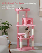 MUTTROS Cat Tree for Large Cats with Metal Plush Big Hammock, 56.3" Cat Tower for Indoor Cats with 2 Door Condo House, 6-Tier Cat Shelves with Scratching Posts and Large Top Perch, Pink