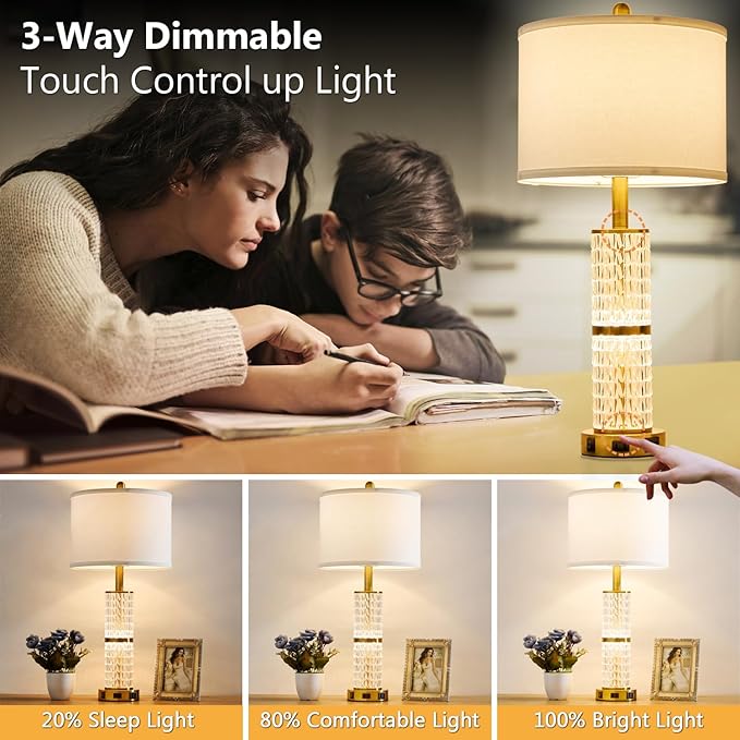Crystal Table Lamps Modern 3-Way Dimmable Bedside Lamp with 2 USB Ports & AC Outlets for Living Room Bedroom Nightstand Lamp Night Light