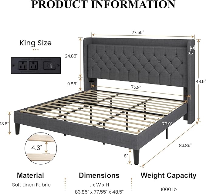 SHA CERLIN King Size Platform Bed Frame with Charging Station, Velvet Wingback Headboard with Storage Shelf, Wooden Slats Support, Ample Under-Bed Space, No Box Spring Needed, Easy Assembly, Dark Grey