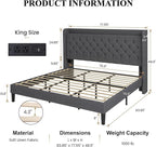 SHA CERLIN King Size Platform Bed Frame with Charging Station, Velvet Wingback Headboard with Storage Shelf, Wooden Slats Support, Ample Under-Bed Space, No Box Spring Needed, Easy Assembly, Dark Grey