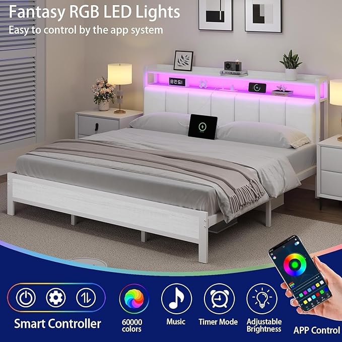 King Bed Frame with LED Lights and Charging Station, Metal Platform Bed Frame King with Upholstered Storage Headboard, Heavy Duty Metal Slats, No Box Spring Needed, Easy Assembly, White