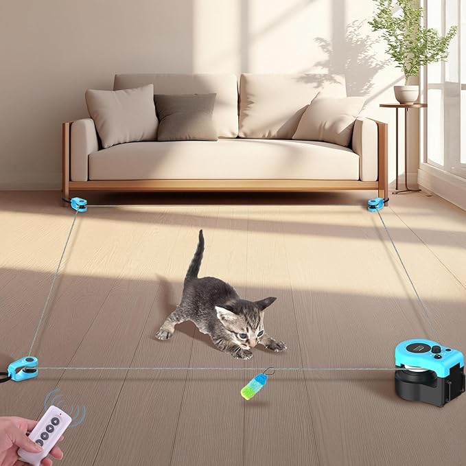 Interactive Cat Toy for Indoor - Automatic Cat Treadmill with Remote Control, 3 Speeds, Quiet Motor & Durable Design | Indoor Chase Hunting Feather Toys for Fitness, Playtime & Energy Release (Blue)