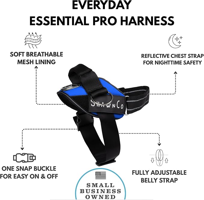 ShawnCo Essential Pro Dog Harness, No-Pull Pet Vest with 3 Leash Clips and Removable, Reflective Side Patches, Adjustable and Padded Harness for Small, Medium and Large Dogs (Electric Blue, L)