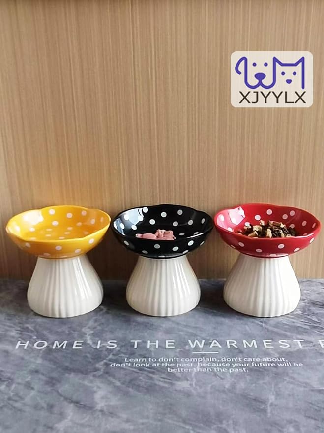 Mushroom Elevated Cat Bowls Ceramic, Cute Cat Bowls Whisker Fatigue | Raised Cat Bowl for Indoor Cats, Raised Dog Bowls Stand for Food and Water, Black 6" Wide for Adult Cats