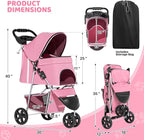 Magshion 3-Wheel Pet Stroller for Small/Medium Dog Cat, Up to 33lbs, Pink | Foldable Travel Jogger w/ Breathable Mesh Cover, Lightweight Design, Safety Tethers, Cup Holder & Storage Basket