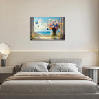 Beach Floral Bathroom Pictures Wall Art, Colorful Flower Bathroom Wall Decor, Coastal Ocean Framed Painting Canvas Artwork for Bedroom Living Room Decorations 24"L x 16"W
