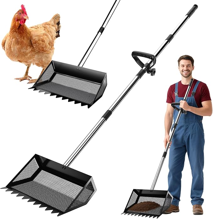 Chicken Poop Scooper & Rake 2-in-1, 304 Stainless Steel Shovel Head, Chicken Litter Scoop with Handle for Chicken Coop & Pet Waste Cleaning, Litter Sifting Shovel (35 to 65") US Patent Pending (Black)