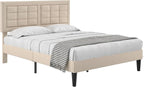 VECELO Full Size Bed Frame with Adjustable Headboard, Upholstered Button Tufted Platform Bedframe with Wood Slats Support, No Box Spring Needed, Beige