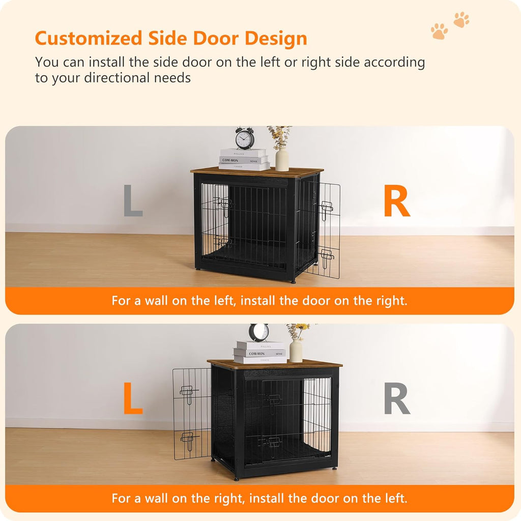 DWANTON Dog Crate Furniture with Cushion, Wooden Kennel Table with Double Doors, Indoor Dog House, Small/Medium/Large Size, 27.2" L, Black+Warm Brown