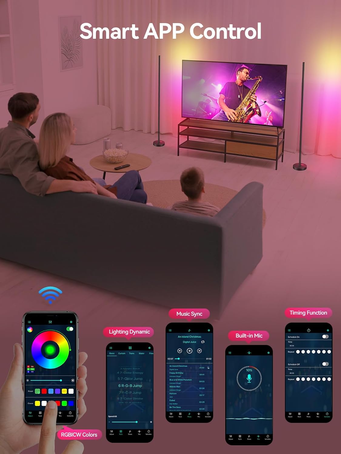 Smart RGBICW LED Corner Floor Lamp 2 Pack - 16 Million DIY Colors, 68+ Scenes, Music Sync, App & Remote Control, Color-Changing Ambient Lighting for Living Rooms, Bedrooms, and Gaming Rooms