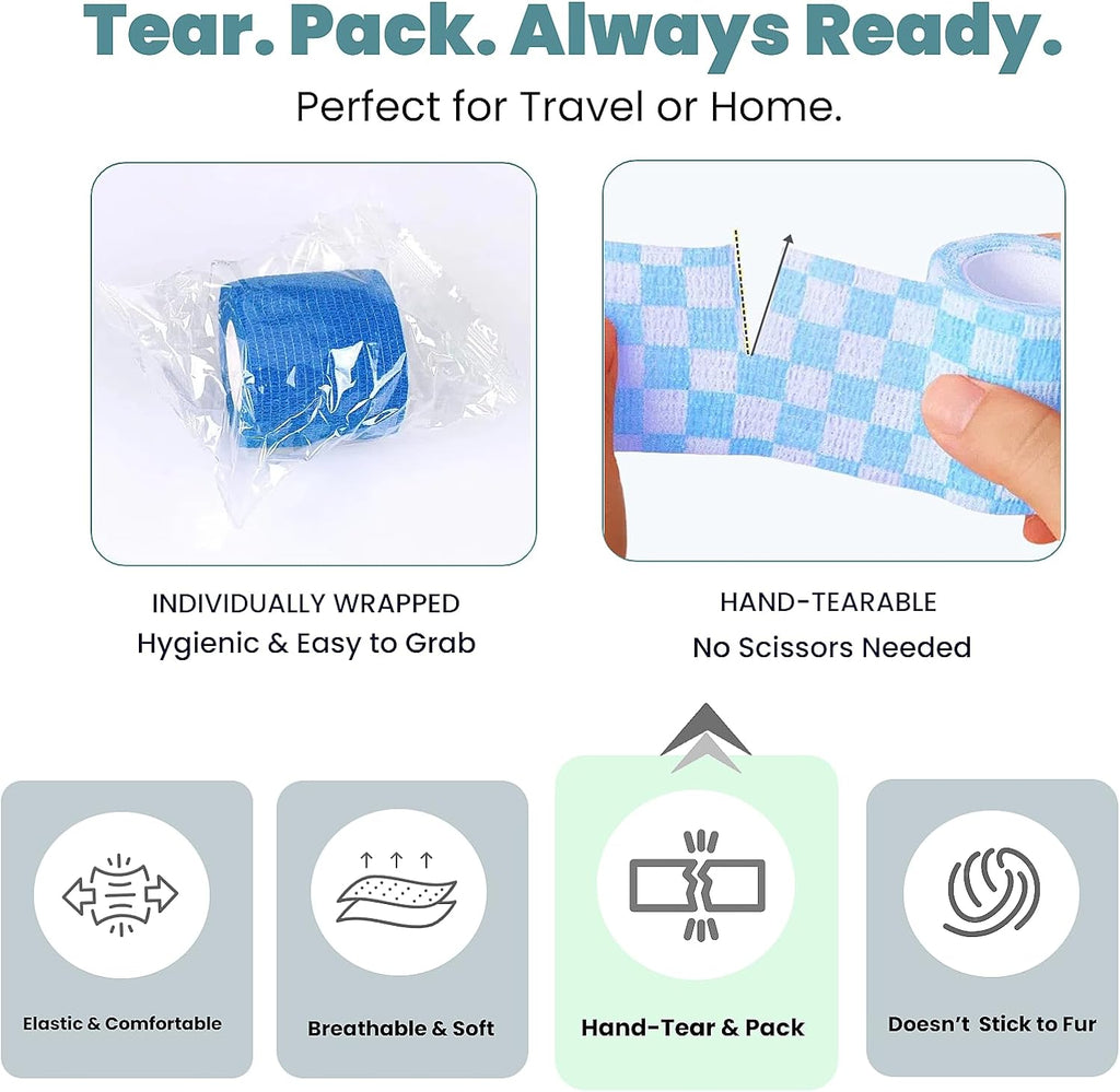 Pet Bandage 6 Rolls, Adhesive Bandage, Self Adhesive Bandage, First Aid Adhesive Gauze, for Horses, Dogs,Cats, Birds, Animals (Paw Prints, 2 Inch (Pack of 6))