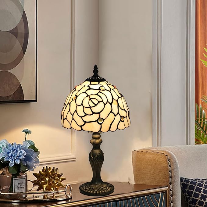 Tiffany Style Small Table Lamp, 8X8X14.5 Inch Rose Stained Glass Lamp, Small Antique Side Table Lamps, Bedside Nightstand Lamp, for Bedroom Living Room Home Office,LED Bulb Include