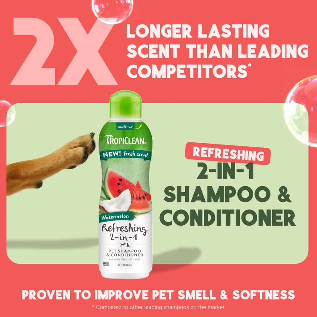 TropiClean Watermelon Refreshing 2-in-1 Cat & Dog Shampoo and Conditioner | Cat & Dog Bath Supplies | 20 oz | Made in The USA